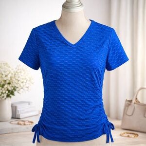 Love University Business Career Top Women's 1XL Blue V-Neck Stretch Short Sleeve